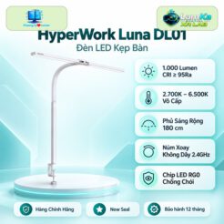 Đèn kẹp bàn HyperWork Luna DL01 trưng bày trên đế tròn với nền công nghệ