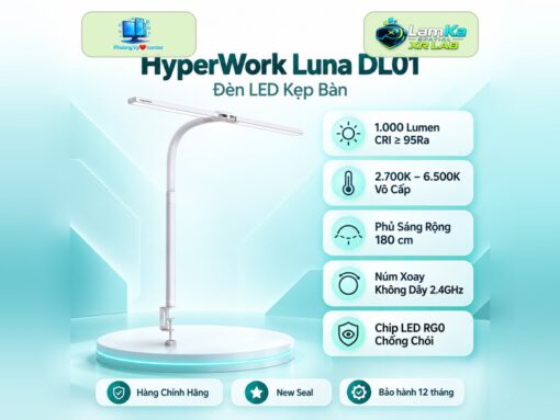 Đèn kẹp bàn HyperWork Luna DL01 trưng bày trên đế tròn với nền công nghệ
