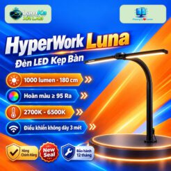 Đèn LED kẹp bàn HyperWork Luna DL01 trưng bày trên bục tròn với nền công nghệ
