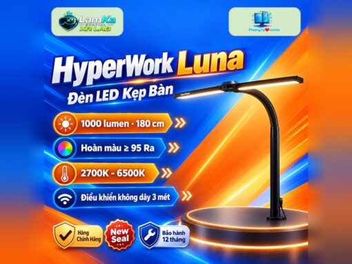 Đèn LED kẹp bàn HyperWork Luna DL01 trưng bày trên bục tròn với nền công nghệ