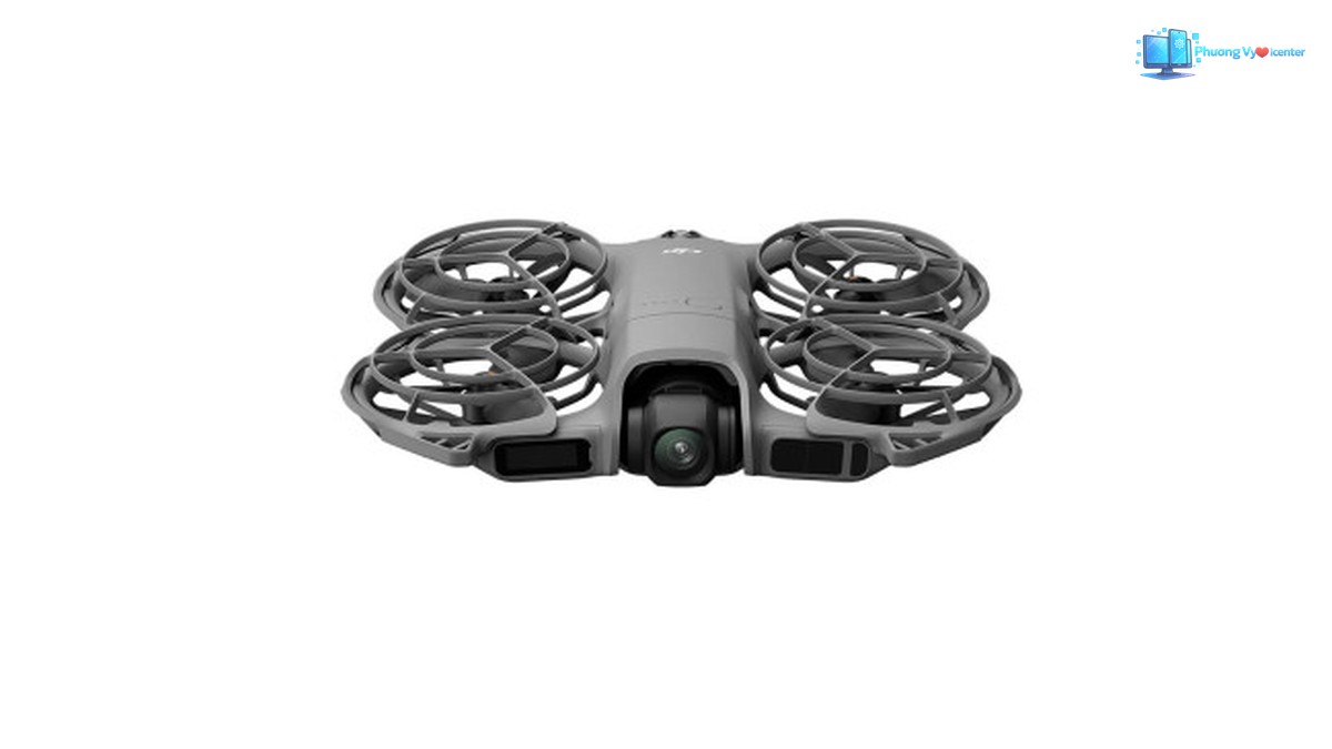 DJI Neo 2 nhìn từ phía trước với camera ở giữa và bốn cụm cánh quạt có khung bảo vệ