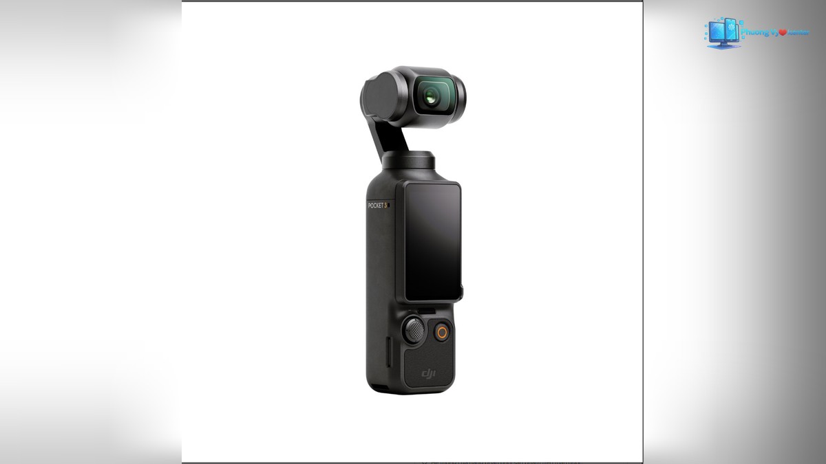 DJI Osmo Pocket 3 ở góc nghiêng, thấy màn hình dọc, nút điều khiển và đầu camera