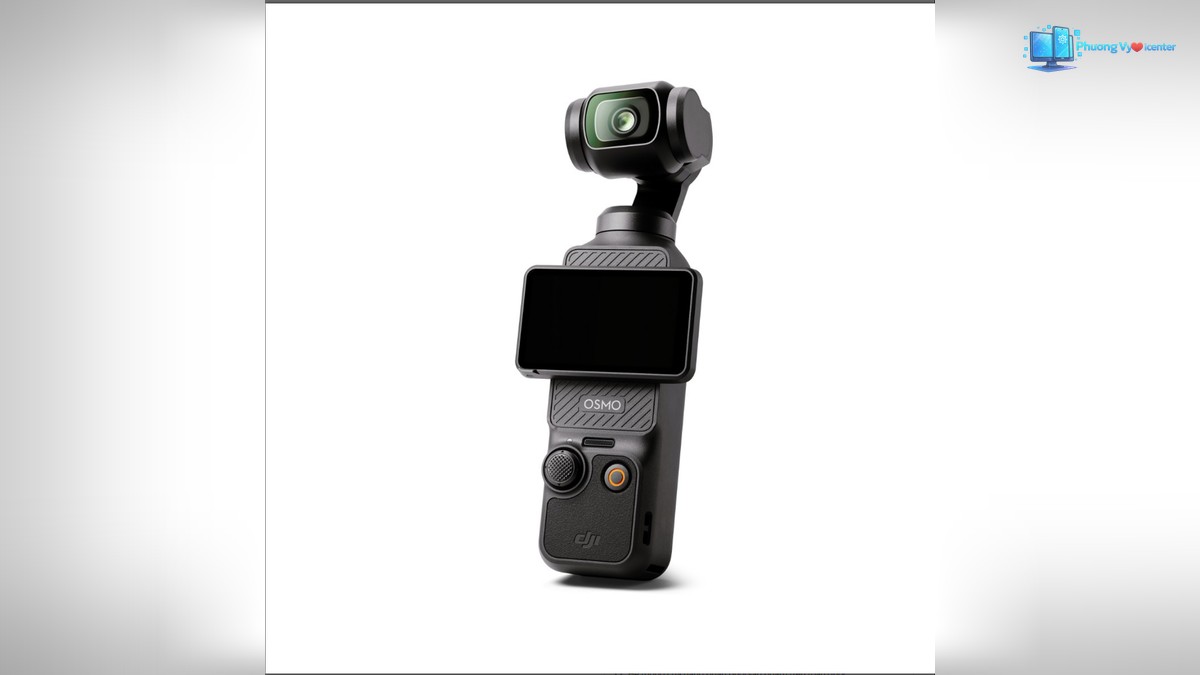 DJI Osmo Pocket 3 nhìn nghiêng, màn hình xoay ngang cùng ống kính và nút điều khiển