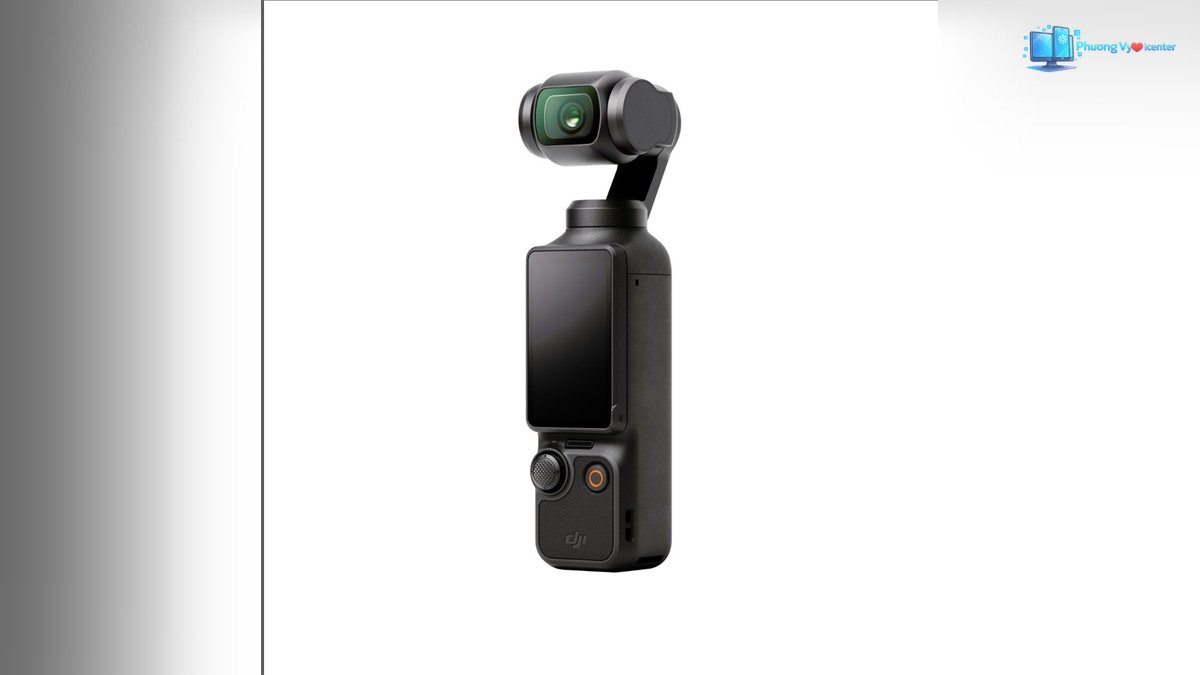 DJI Osmo Pocket 3 ở góc nghiêng với màn hình dọc, thấy mặt trước và cạnh bên