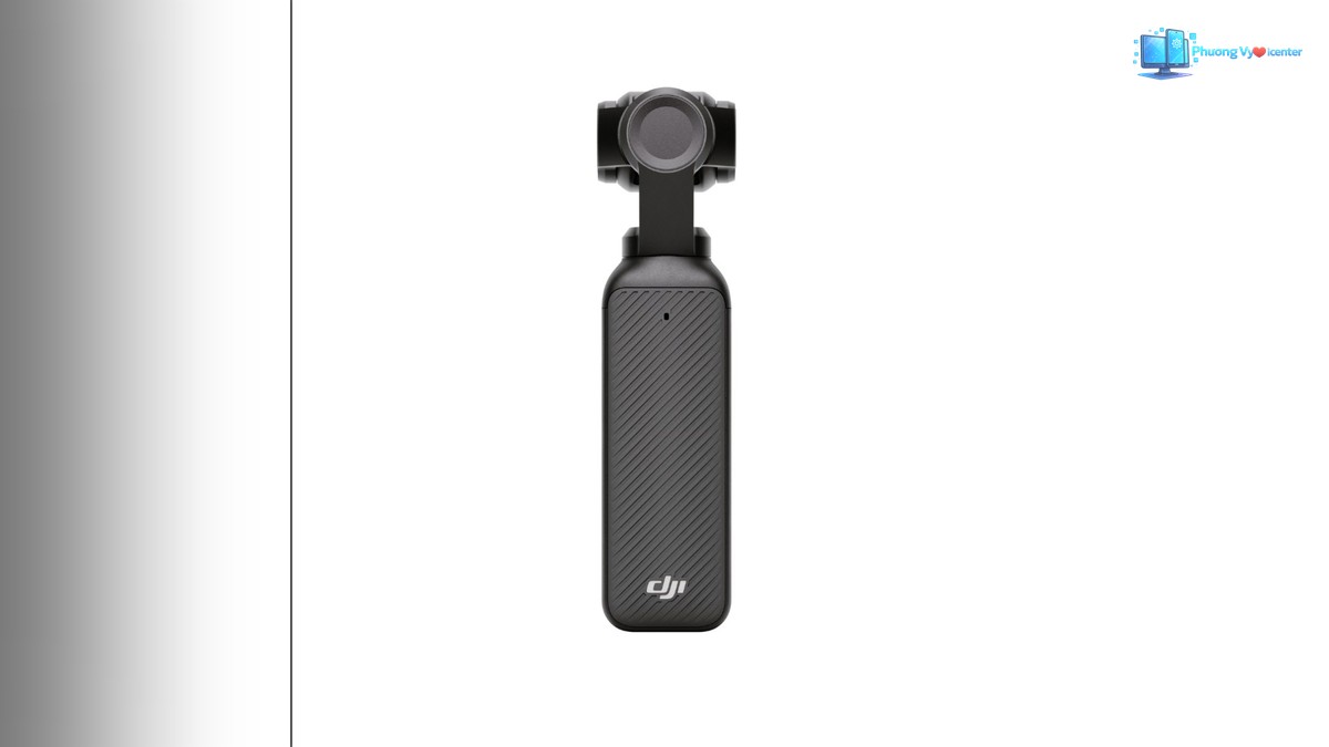 DJI Osmo Pocket 3 nhìn từ mặt sau, thân máy có vân chéo, logo DJI và cụm gimbal phía trên
