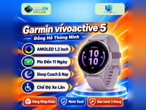 Garmin Vivoactive 5 trên đế tròn với nền công nghệ