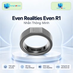 Nhẫn thông minh Even Realities Even R1 trên đế tròn, phía sau là nền công nghệ