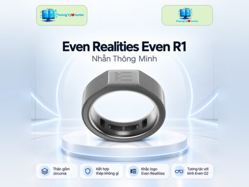 Nhẫn thông minh Even Realities Even R1 trên đế tròn, phía sau là nền công nghệ