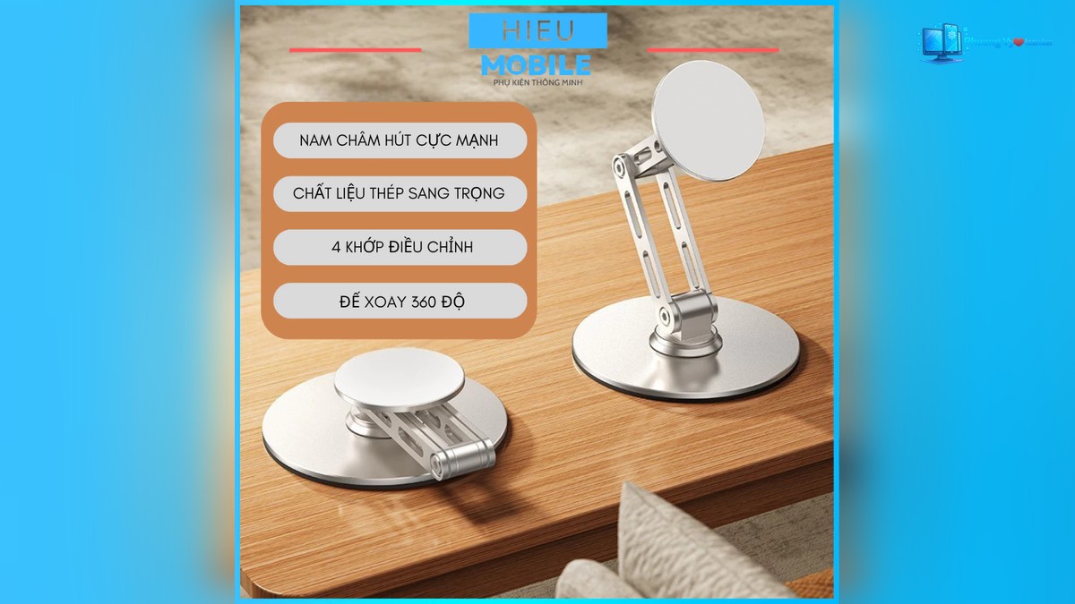 Hai giá đỡ MK08 trên mặt bàn, một chiếc dựng cao và một chiếc gấp gọn
