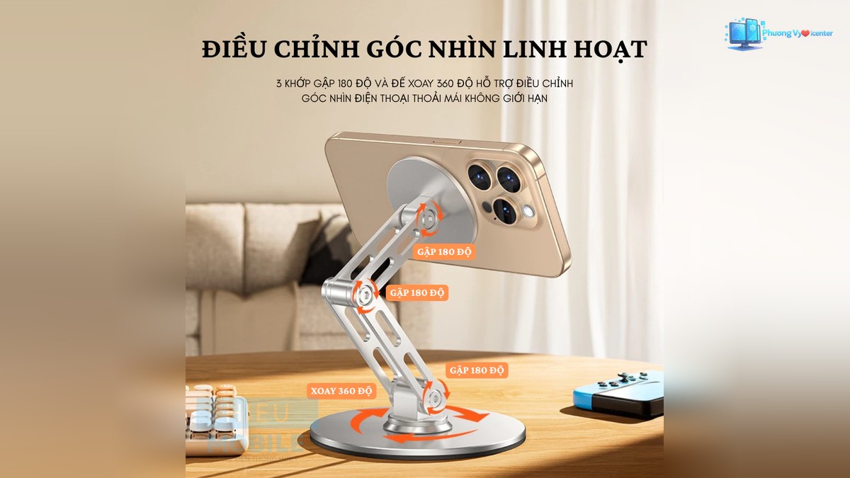 Giá đỡ MK08 gắn điện thoại ngang, có mũi tên minh họa chuyển động ở khớp và đế