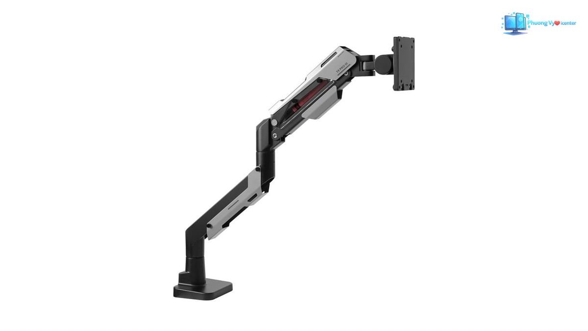 Human Motion T9 Pro III màu đen bạc ở góc nghiêng, tay nâng mở cao và tấm gắn màn hình
