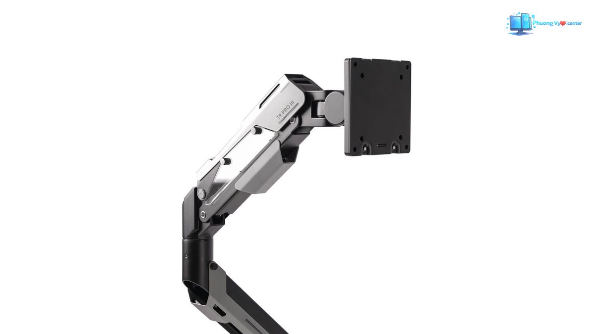 Human Motion T9 Pro III với cận cảnh tay đỡ, khớp xoay và mặt trước tấm gắn màn hình