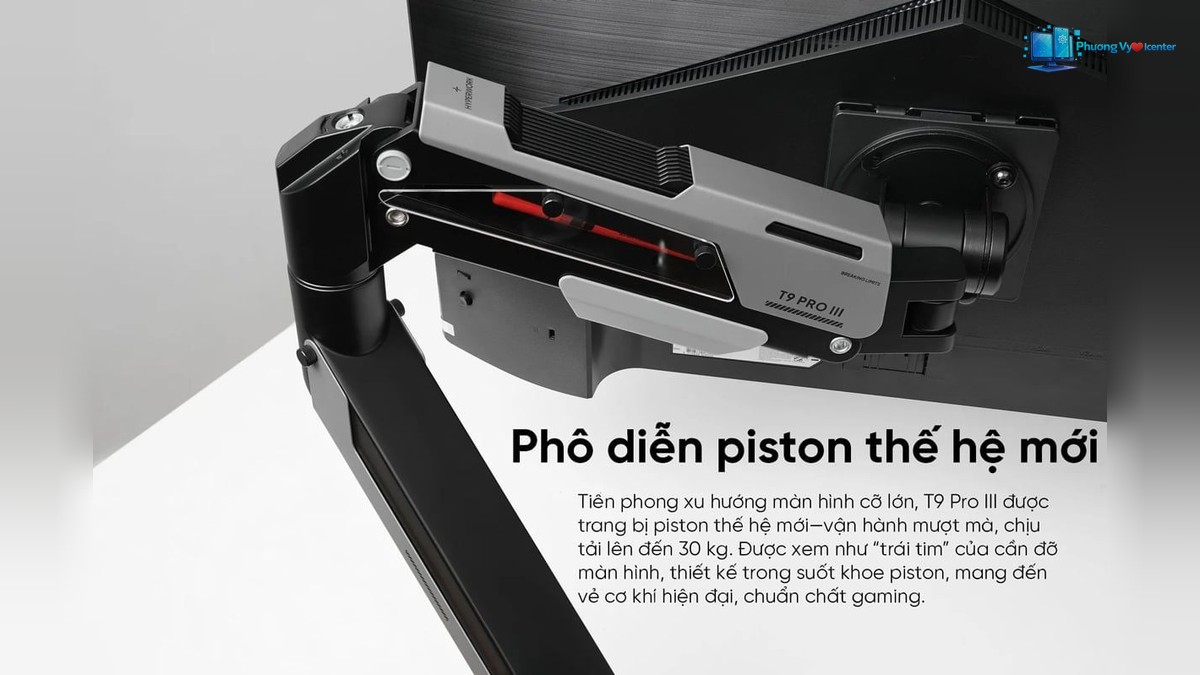 Human Motion T9 Pro III có piston màu đỏ trên tay nâng phía sau màn hình