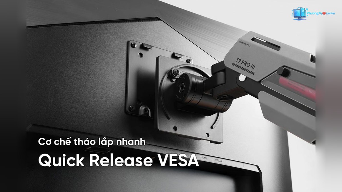 Human Motion T9 Pro III với tấm gắn VESA và khớp xoay phía sau màn hình