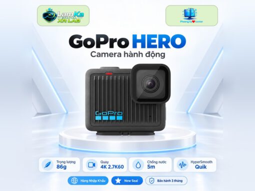 GoPro HERO trên đế tròn với phông nền công nghệ