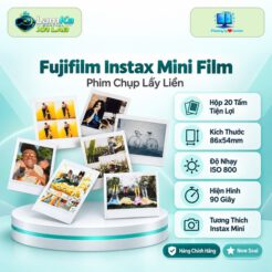 Hộp phim Fujifilm Instax Mini viền trắng trên đế tròn với nền công nghệ