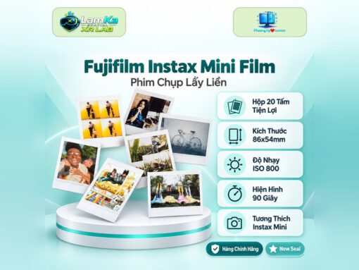 Hộp phim Fujifilm Instax Mini viền trắng trên đế tròn với nền công nghệ
