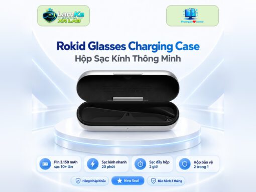 Hộp sạc Rokid RV101 trên đế tròn với nền công nghệ