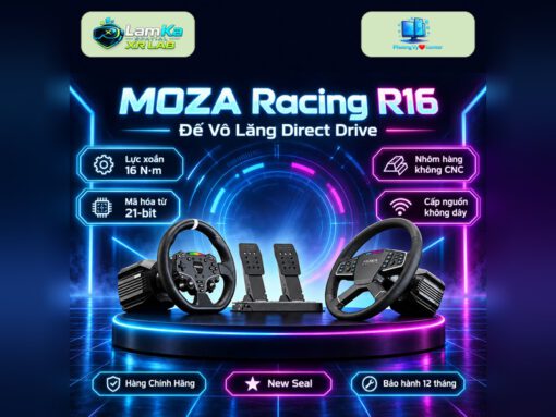 Đế vô lăng MOZA R16 đặt trên đế tròn với nền công nghệ