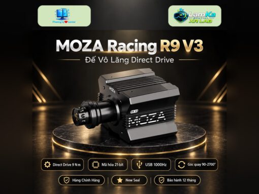 Đế vô lăng MOZA R9 V3 đặt trên đế tròn với nền công nghệ