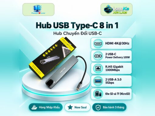 Hub USB Type-C NoName 8 in 1 trên đế tròn với nền công nghệ