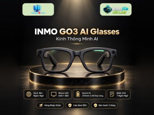 Kính AI phiên dịch INMO GO3 đặt trên đế tròn với nền công nghệ