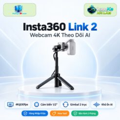 Webcam Insta360 Link 2 đặt trên đế tròn với nền công nghệ