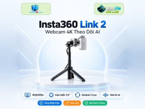 Webcam Insta360 Link 2 đặt trên đế tròn với nền công nghệ