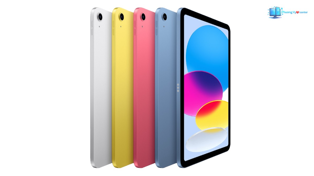 Apple iPad A16 nhìn nghiêng với màn hình và các mặt lưng bạc, vàng, hồng, xanh