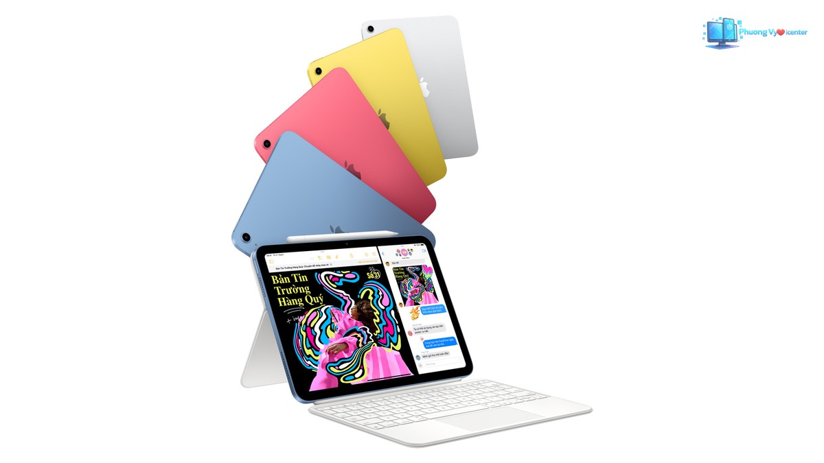 Apple iPad A16 mở nội dung trên màn hình, gắn bàn phím và bút, phía sau là các màu máy