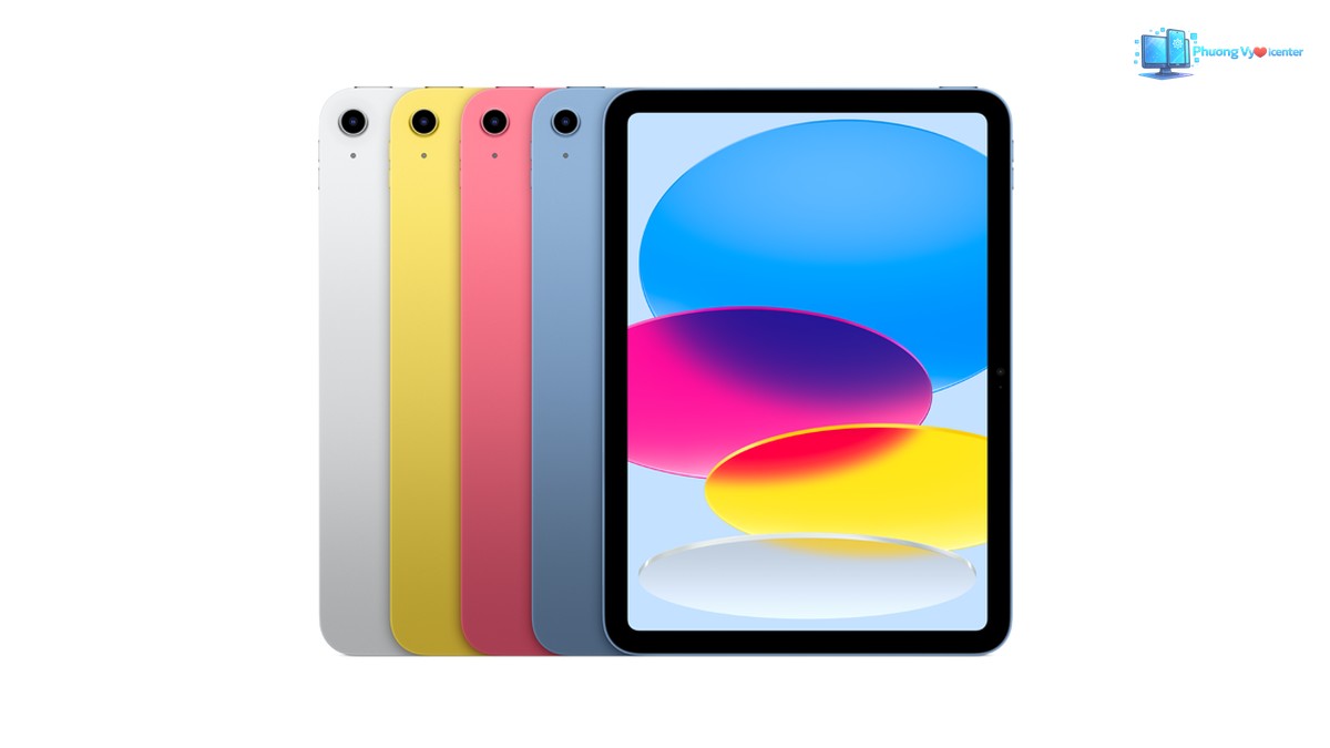 Apple iPad A16 bật màn hình ở góc thẳng, phía sau là các mặt lưng nhiều màu