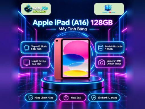 Máy tính bảng Apple iPad A16 trên đế tròn với nền công nghệ