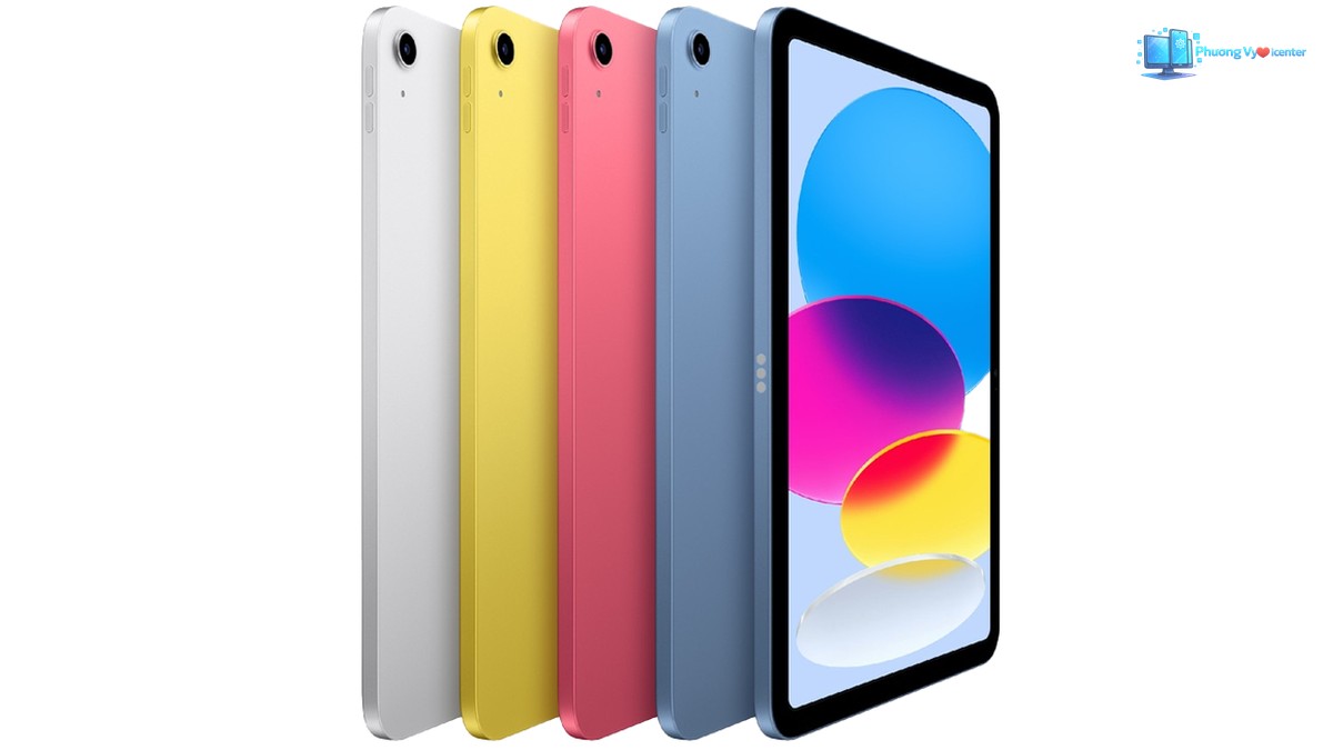 Apple iPad A16 nhìn nghiêng với màn hình và các mặt lưng bạc, vàng, hồng, xanh