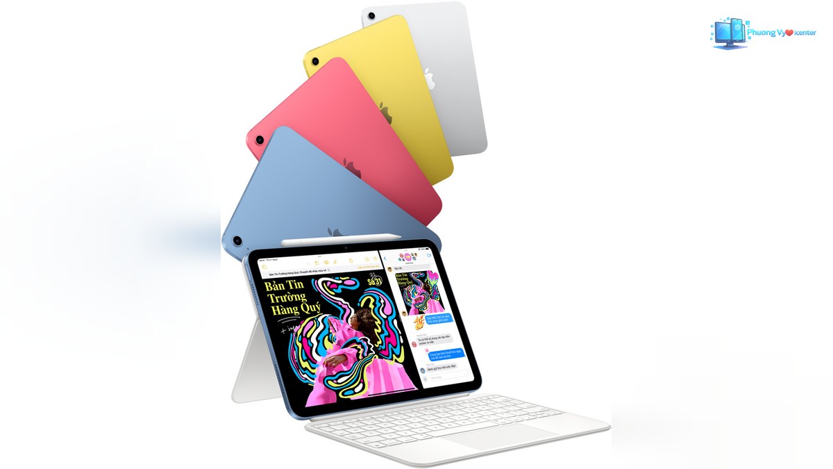 Apple iPad A16 mở nội dung trên màn hình, gắn bàn phím và bút, phía sau là các màu máy