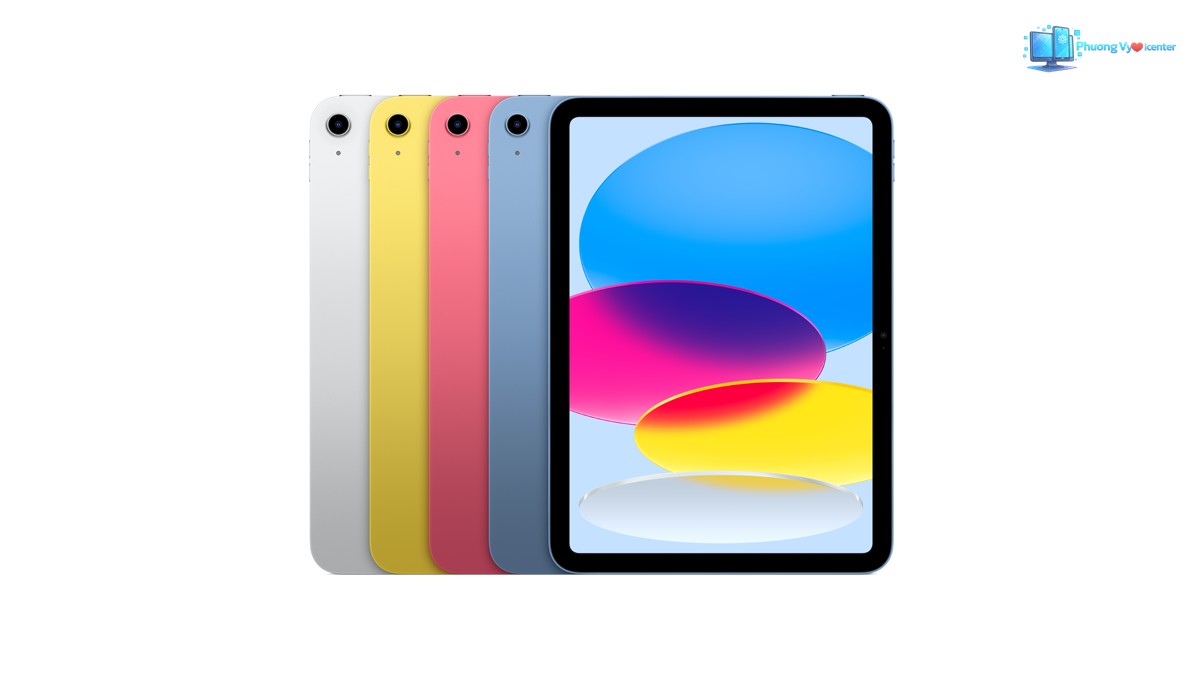 Apple iPad A16 bật màn hình ở góc thẳng, phía sau là các mặt lưng nhiều màu