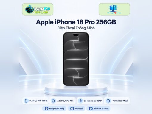 Apple iPhone 18 Pro 256GB trên đế tròn với nền đồ họa công nghệ