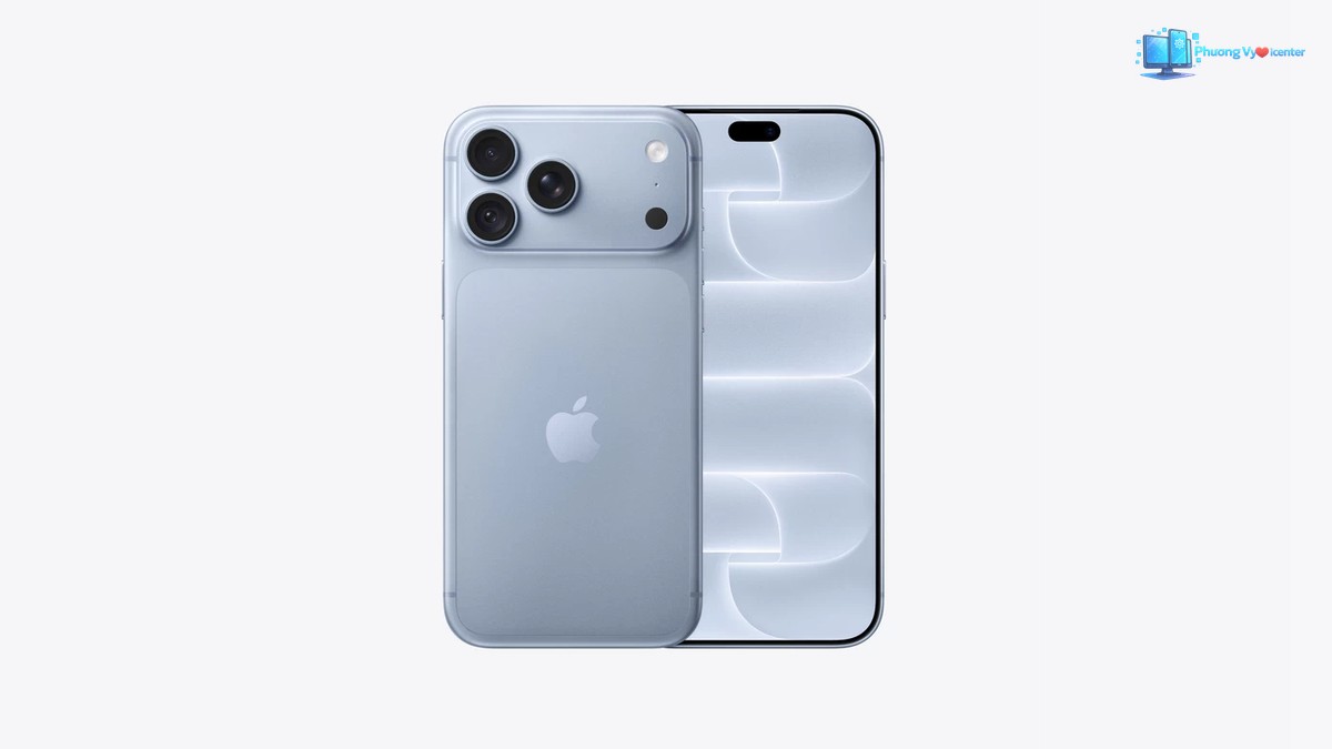 iPhone 18 Pro xanh nhạt hiển thị mặt lưng ba camera và mặt trước trên nền trắng
