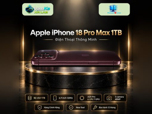 Điện thoại Apple iPhone 18 Pro Max 1TB trên đế tròn với nền công nghệ