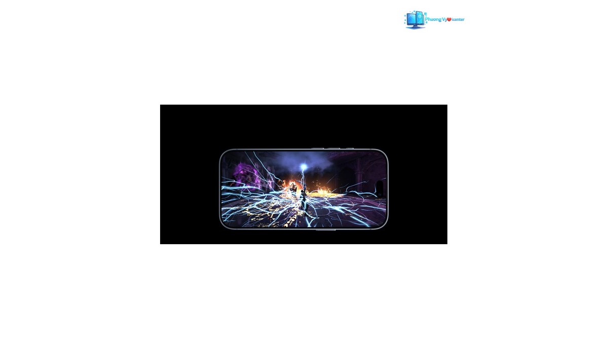 iPhone 18 Pro Max đặt ngang, màn hình hiển thị cảnh trò chơi với hiệu ứng ánh sáng