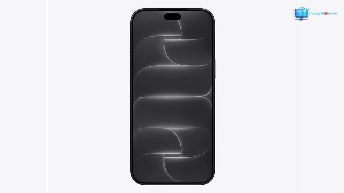 iPhone 18 Pro Max màu đen nhìn từ phía trước, màn hình hiển thị họa tiết tối