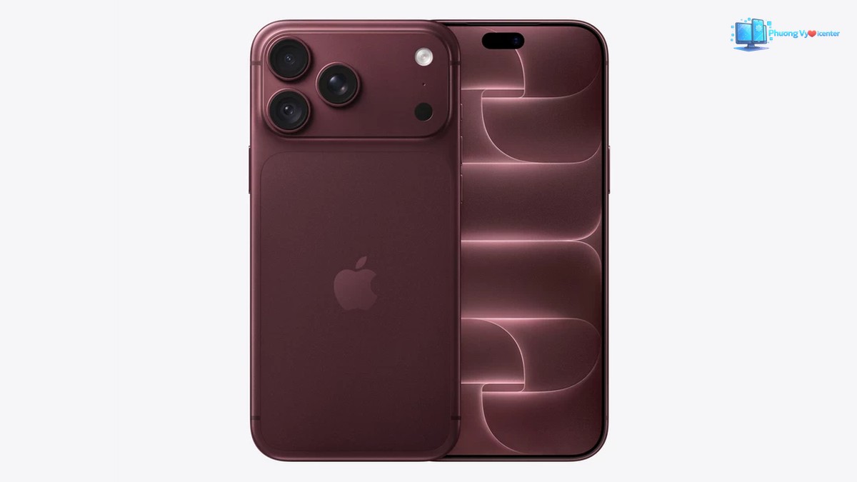 iPhone 18 Pro Max đỏ sẫm hiển thị mặt lưng ba camera và mặt trước