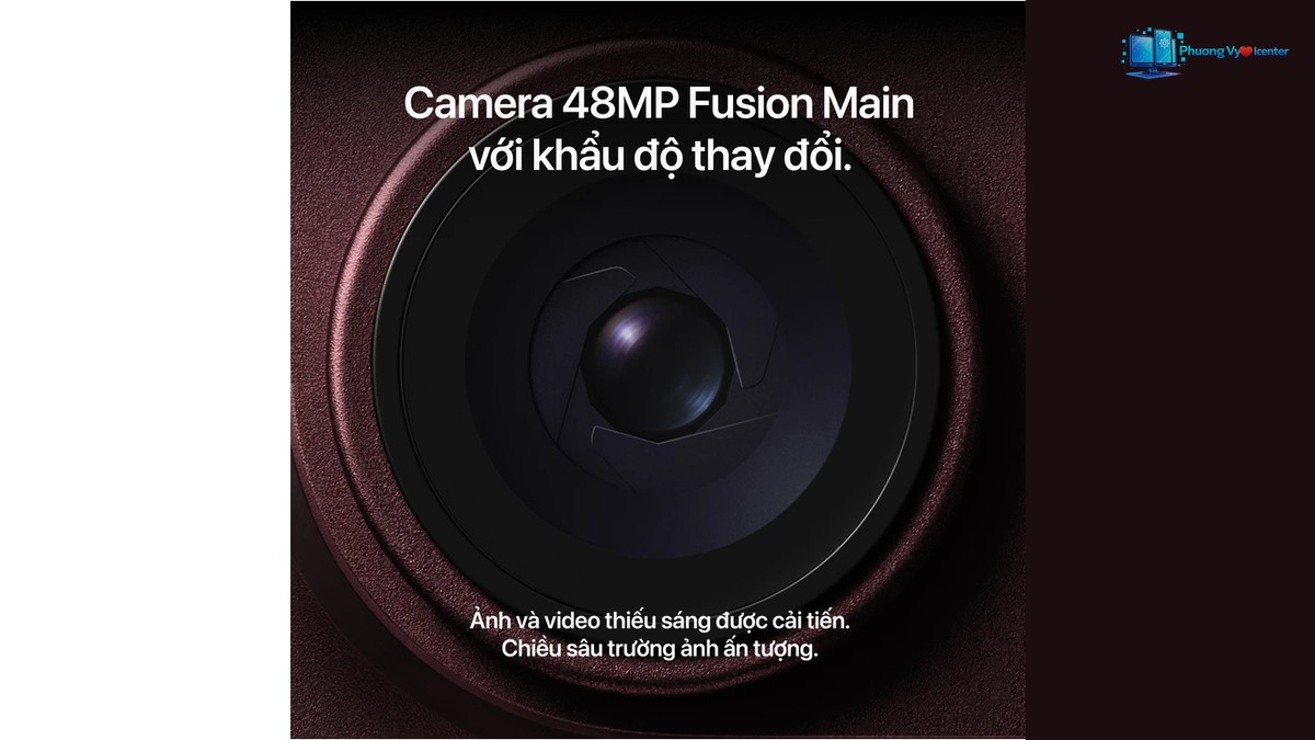 Cận cảnh ống kính camera iPhone 18 Pro Max viền đỏ sẫm, kèm chữ giới thiệu camera