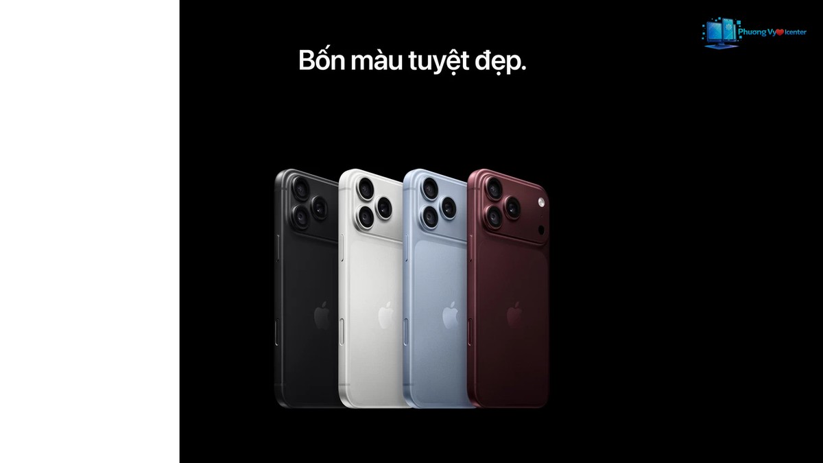 Bốn iPhone 18 Pro Max đen, trắng, xanh nhạt và đỏ sẫm xếp cạnh nhau, lộ mặt lưng và cạnh