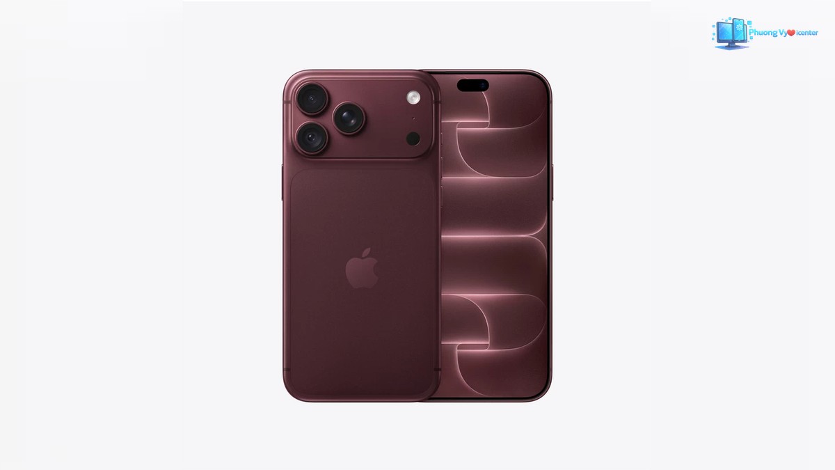 iPhone 18 Pro Max đỏ sẫm hiển thị mặt lưng ba camera và mặt trước