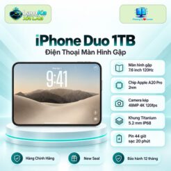 Điện thoại iPhone Duo trên đế tròn với phông nền công nghệ