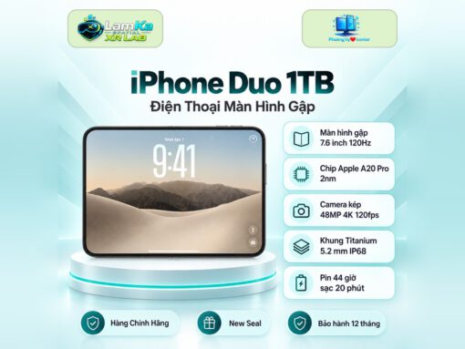 Điện thoại iPhone Duo trên đế tròn với phông nền công nghệ