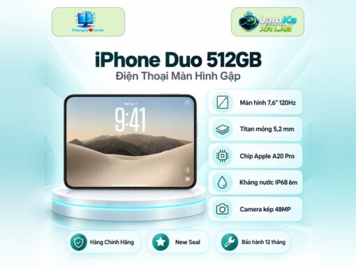 Điện thoại iPhone Duo trên đế tròn với nền công nghệ phía sau