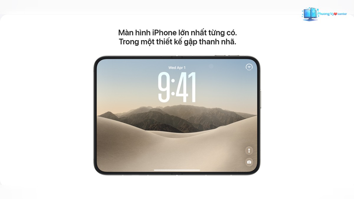 iPhone Duo mở rộng, màn hình khóa hiển thị đồng hồ và hình nền đồi cát