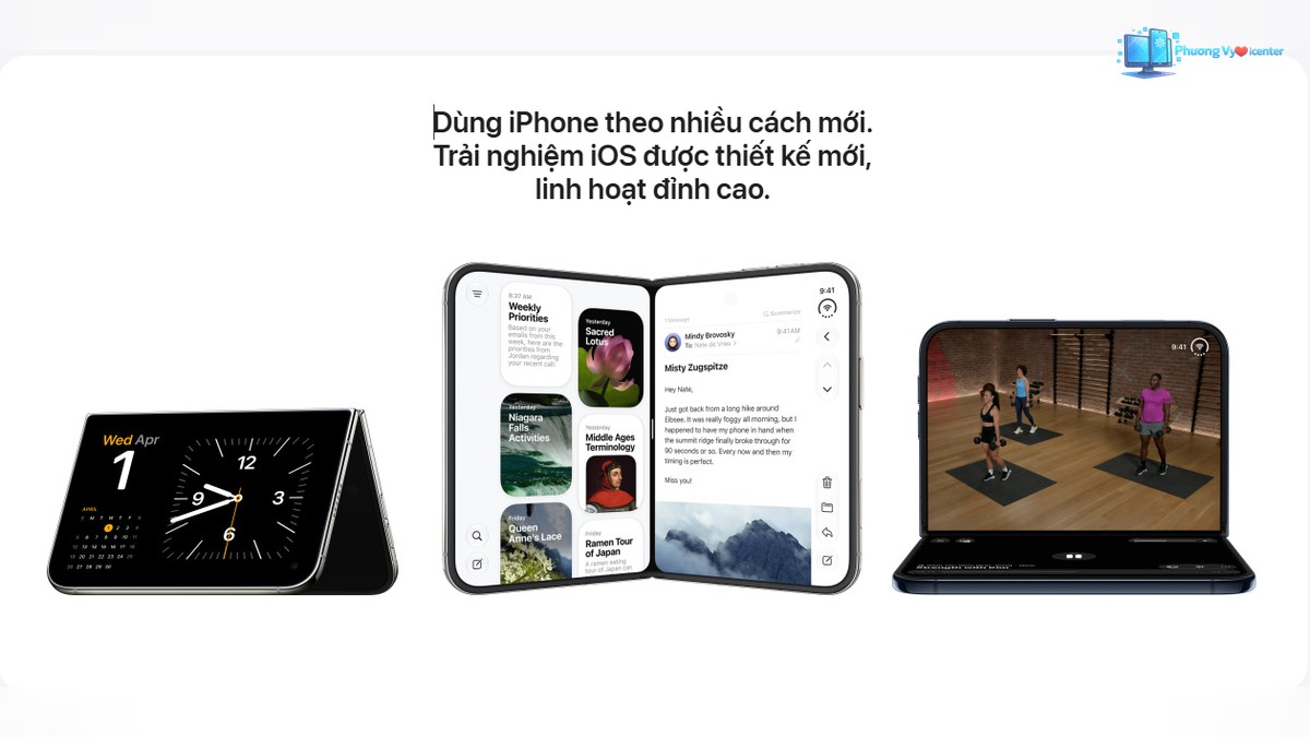 iPhone Duo ở ba tư thế gập mở, hiển thị đồng hồ, nội dung đọc và video