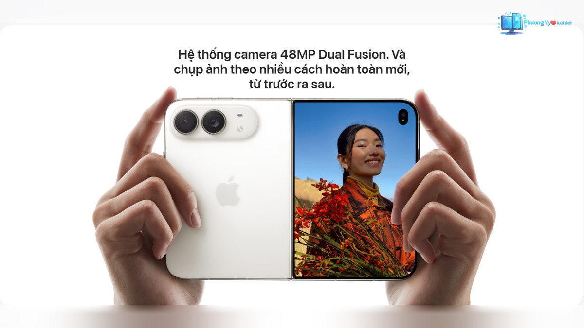 iPhone Duo có một nửa lưng trắng với hai camera và một nửa màn hình hiển thị ảnh